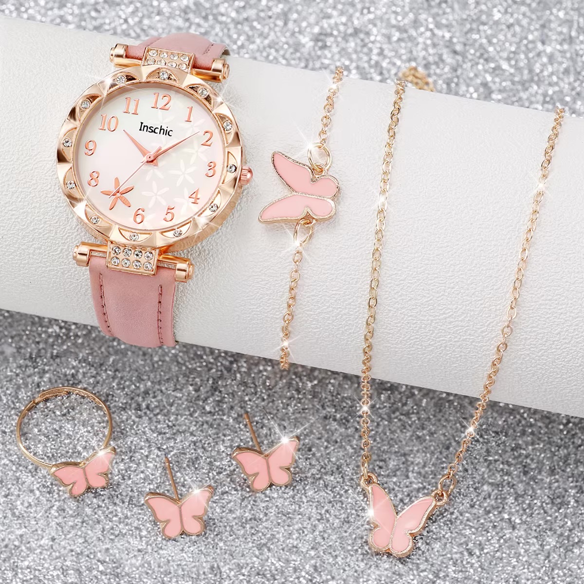 Women's Watch with Butterfly Earrings, Necklace, Bracelet & Ring Jewellery Gift Set